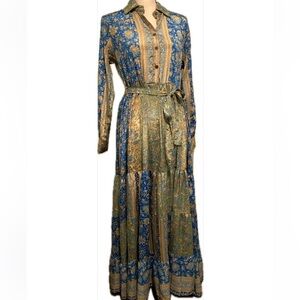 Anthropologie Raga Women’s Maxi Floral Blue Gold  Collared Beautiful New Dress M
